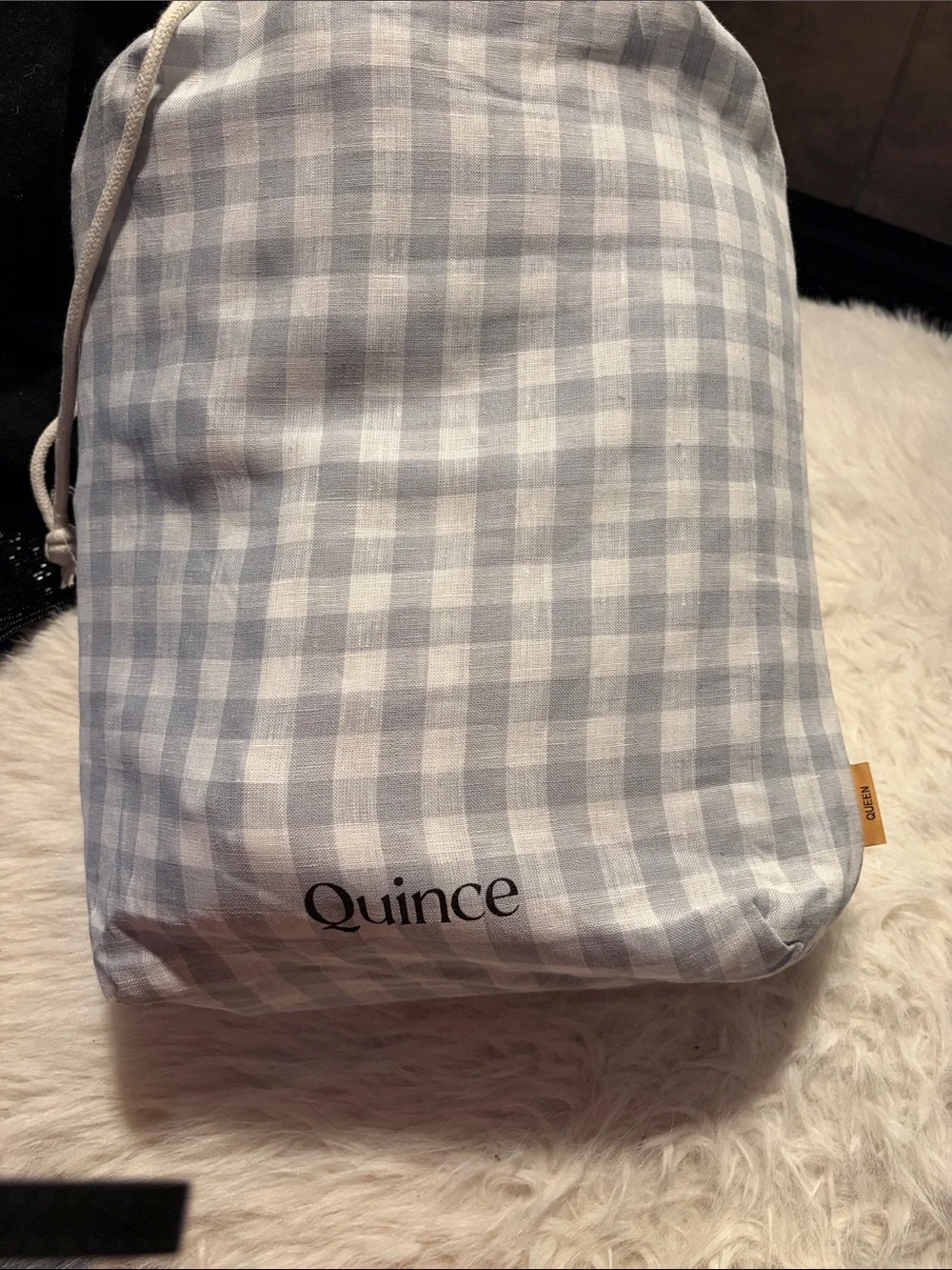 Quince European Linen Gingham Queen Sheet Set Blue Fog